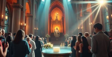 Bild einer Gruppe von Gläubigen in einer Kirche mit dem Bild von Jesus in der Mitte und einem Taufbecken mit Kerzen
