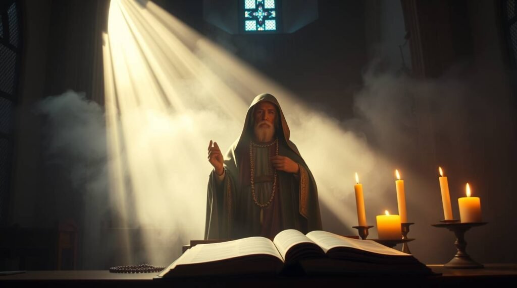 Bild eines Priesters, der mit einer offenen Bibel betet, Kerzen an seinen Seiten und ein göttliches Licht, das hinter ihm fällt