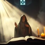 Bild eines Priesters, der mit einer offenen Bibel betet, Kerzen an seinen Seiten und ein göttliches Licht, das hinter ihm fällt