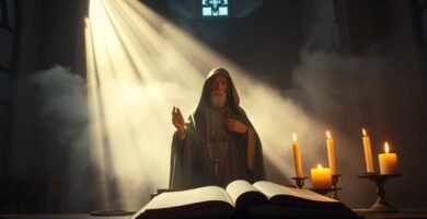 Bild eines Priesters, der mit einer offenen Bibel betet, Kerzen an seinen Seiten und ein göttliches Licht, das hinter ihm fällt