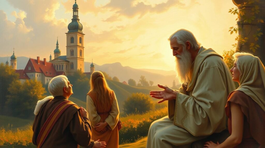 Bild einer Gruppe älterer Menschen, die sich unterhalten, während sie auf dem Land sitzen, mit einer Kirche und dem Sonnenuntergang im Hintergrund