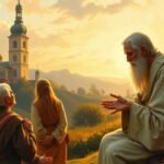 Bild einer Gruppe älterer Menschen, die sich unterhalten, während sie auf dem Land sitzen, mit einer Kirche und dem Sonnenuntergang im Hintergrund