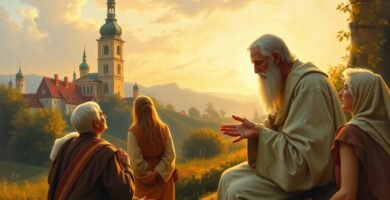 Bild einer Gruppe älterer Menschen, die sich unterhalten, während sie auf dem Land sitzen, mit einer Kirche und dem Sonnenuntergang im Hintergrund