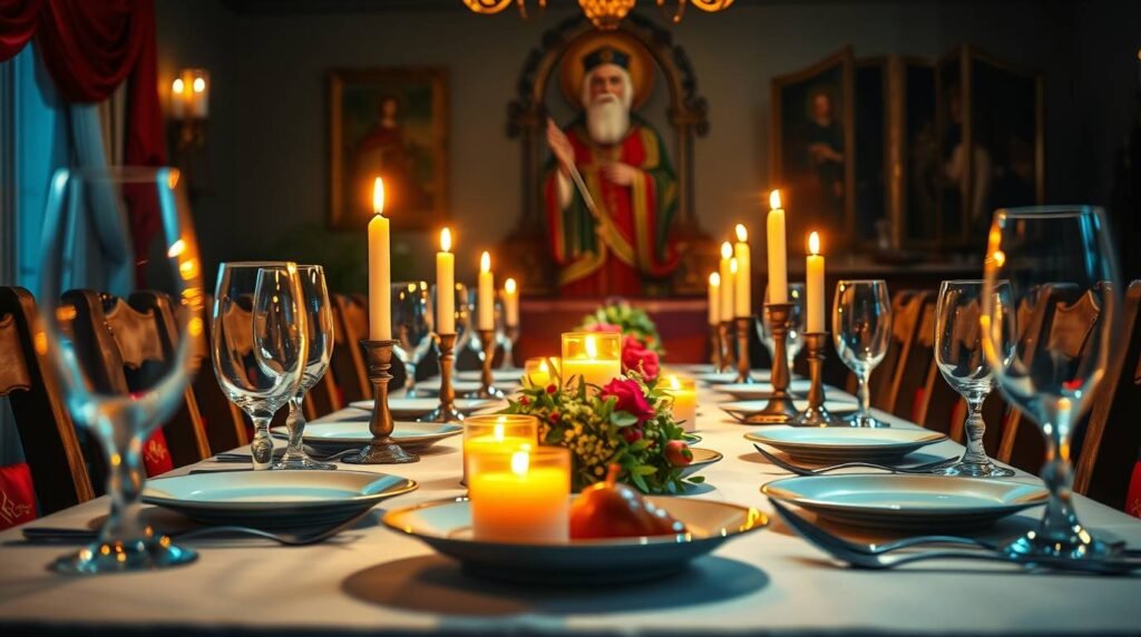 Bild eines Tisches mit serviertem Abendessen, Gläsern, brennenden Kerzen und dem Bild eines Heiligen im Hintergrund des Raumes