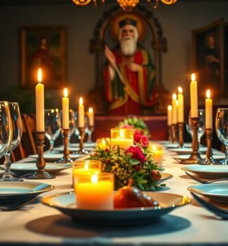 Bild eines Tisches mit serviertem Abendessen, Gläsern, brennenden Kerzen und dem Bild eines Heiligen im Hintergrund des Raumes