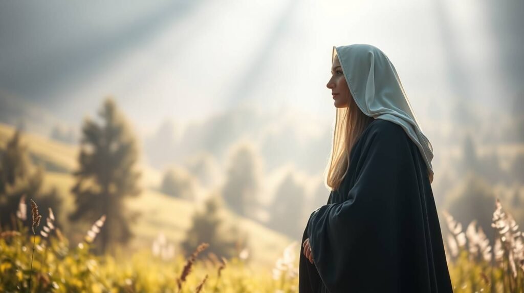 Bild der Heiligen Hildegard von der Seite auf einem Feld mit einem göttlichen Licht, das vom Himmel fällt