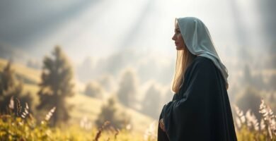 Bild der Heiligen Hildegard von der Seite auf einem Feld mit einem göttlichen Licht, das vom Himmel fällt
