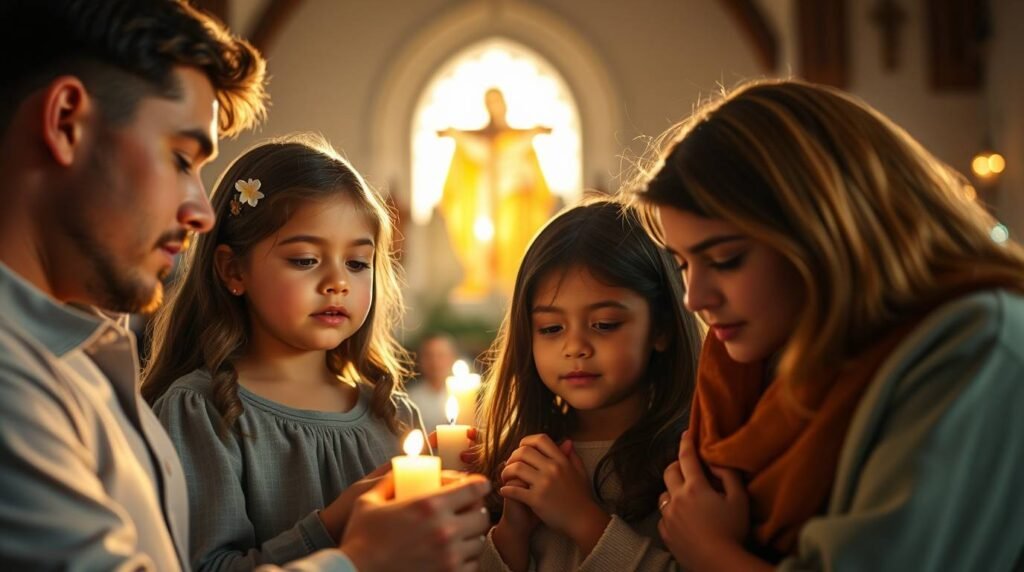 Bild eines Mannes mit seiner Frau und seinen Töchtern, die Kerzen in einer Kirche halten
