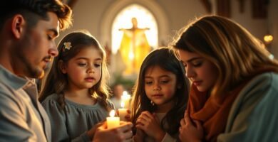 Bild eines Mannes mit seiner Frau und seinen Töchtern, die Kerzen in einer Kirche halten