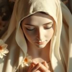 Nahaufnahme der betenden Jungfrau Maria mit geschlossenen Augen, umgeben von Rosen und einem Licht, das ihr Gesicht erhellt