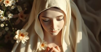 Nahaufnahme der betenden Jungfrau Maria mit geschlossenen Augen, umgeben von Rosen und einem Licht, das ihr Gesicht erhellt