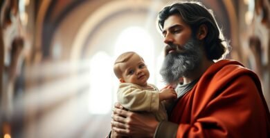 Bild des Heiligen Josef in einer Kirche, der ein Baby in seinen Händen hält, während durch die Fenster hinter ihm intensives Licht fällt