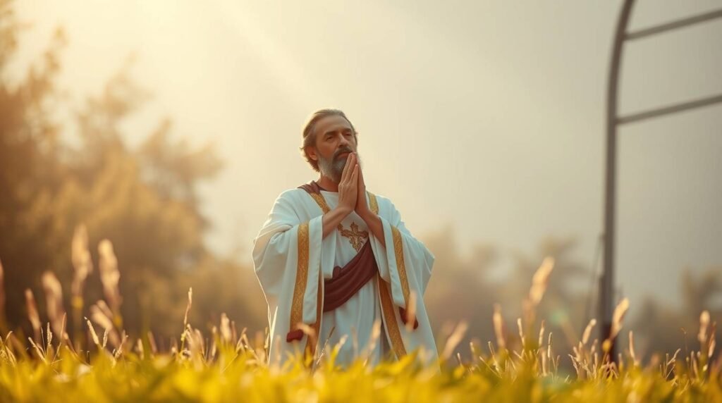 Bild eines Priesters auf dem Feld, der bei Sonnenuntergang betet, mit Gras im Vordergrund und einem göttlichen Licht, das schwach vom Himmel fällt