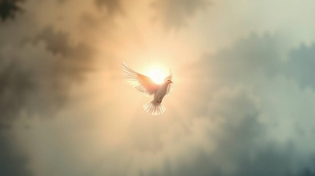 Bild einer weißen Taube, die mitten am Himmel fliegt, umgeben von Wolken und der Sonne, die leicht dahinter aufgeht