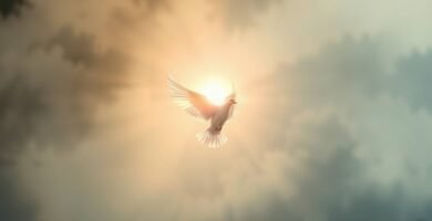 Bild einer weißen Taube, die mitten am Himmel fliegt, umgeben von Wolken und der Sonne, die leicht dahinter aufgeht
