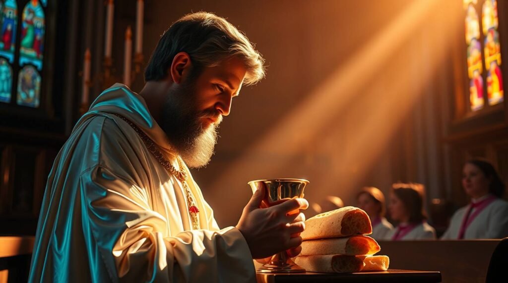 Bild eines Priesters in Tracht in einer Kirche während der Kommunionmesse mit einem Kelch in der Hand und Licht, das durch das Fenster fällt