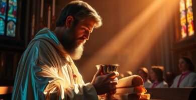 Bild eines Priesters in Tracht in einer Kirche während der Kommunionmesse mit einem Kelch in der Hand und Licht, das durch das Fenster fällt
