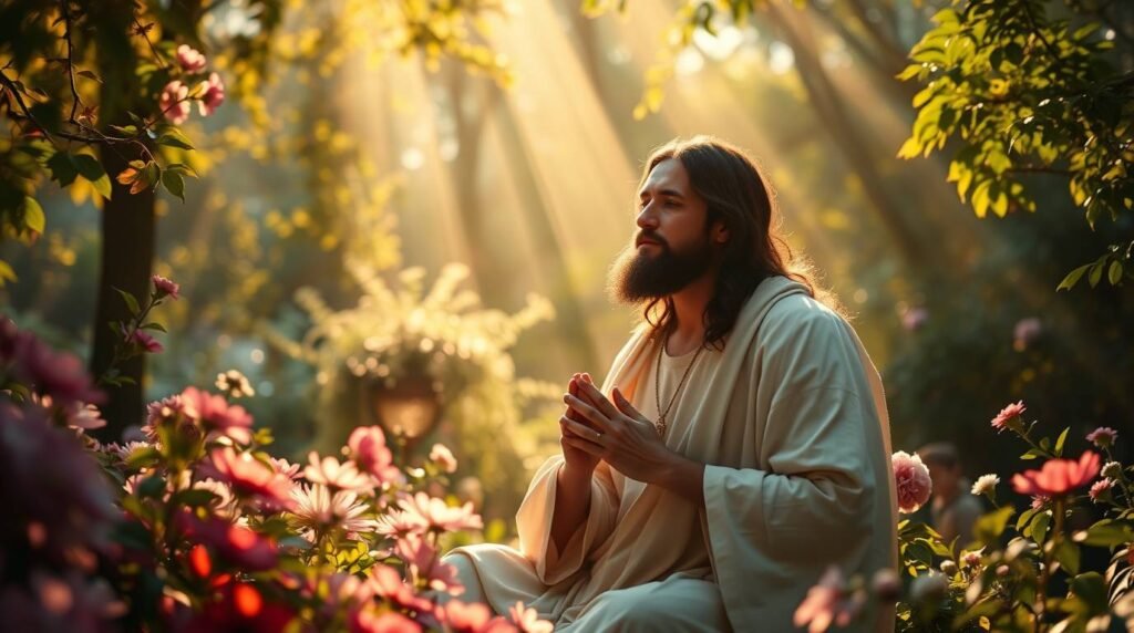 Bild von Jesus, der betend in der Mitte des Feldes sitzt, umgeben von Blumen und Lichtstrahlen, die von den Bäumen fallen und ihn erleuchten