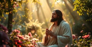 Bild von Jesus, der betend in der Mitte des Feldes sitzt, umgeben von Blumen und Lichtstrahlen, die von den Bäumen fallen und ihn erleuchten