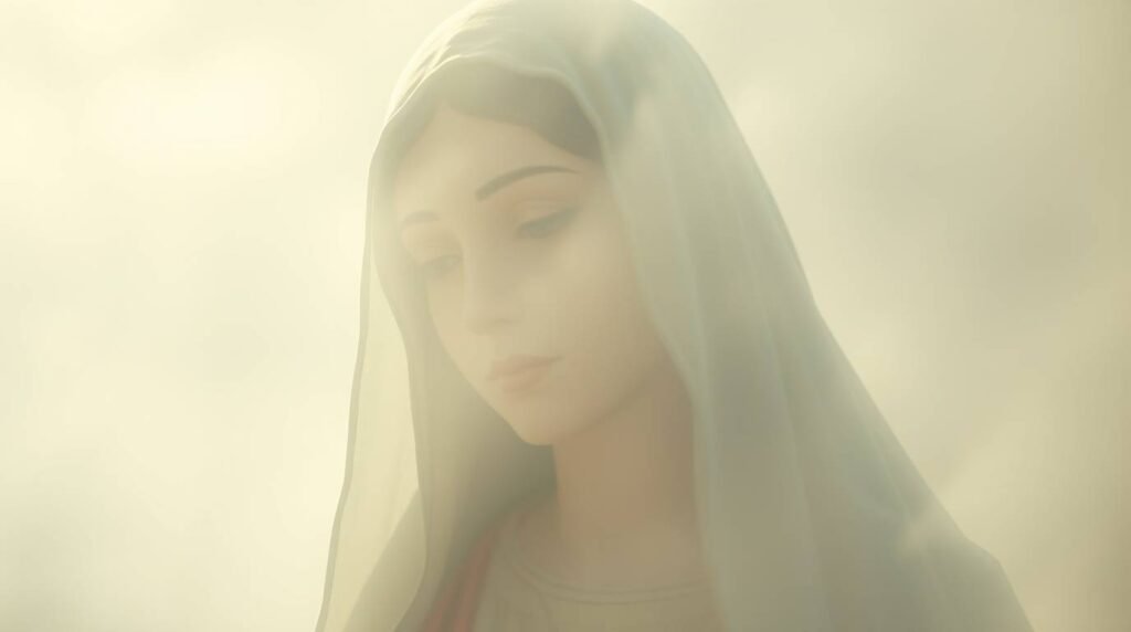 Nahaufnahme des Gesichts der Jungfrau Maria, das von einem Schleier bedeckt ist, mit einem göttlichen, schwachen Licht, das das gesamte Bild erhellt, und einem grau-weiß beleuchteten Hintergrund