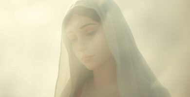 Nahaufnahme des Gesichts der Jungfrau Maria, das von einem Schleier bedeckt ist, mit einem göttlichen, schwachen Licht, das das gesamte Bild erhellt, und einem grau-weiß beleuchteten Hintergrund