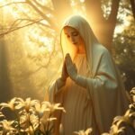 Bild der Jungfrau Maria mitten in einem Wald mit gelben Blumen an den Seiten, hinter ihr strahlt ein Licht aus, das von den Bäumen fällt