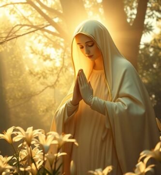Bild der Jungfrau Maria mitten in einem Wald mit gelben Blumen an den Seiten, hinter ihr strahlt ein Licht aus, das von den Bäumen fällt