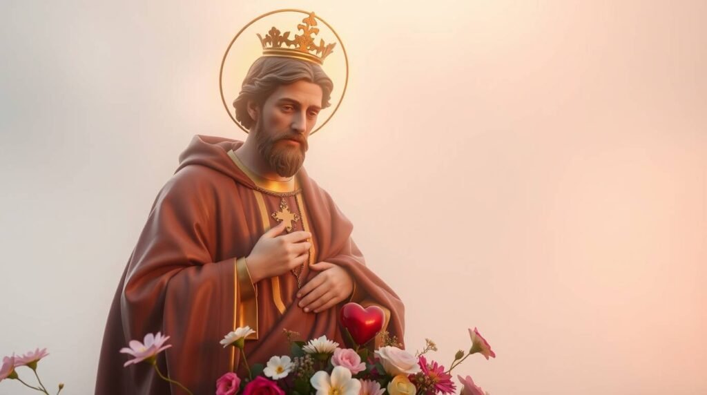 Ein Bild des Heiligen Antonius mit den Händen auf der Brust vor einem rosa Hintergrund mit einer mystischen und religiösen Aura. Unter ihm sind einige rote Blumen.