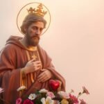 Ein Bild des Heiligen Antonius mit den Händen auf der Brust vor einem rosa Hintergrund mit einer mystischen und religiösen Aura. Unter ihm sind einige rote Blumen.