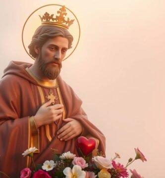 Ein Bild des Heiligen Antonius mit den Händen auf der Brust vor einem rosa Hintergrund mit einer mystischen und religiösen Aura. Unter ihm sind einige rote Blumen.