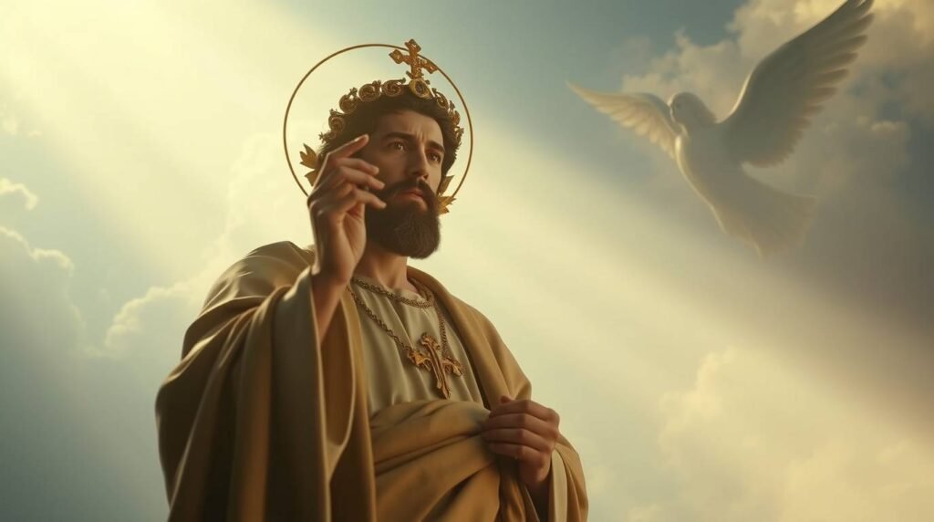 Bild eines Priesters in der Soutane, der betend eine Hand zum Himmel streckt, im Hintergrund ein Engel und der Himmel mit einem Lichtstrahl, der auf seinen Rücken fällt.