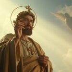 Bild eines Priesters in der Soutane, der betend eine Hand zum Himmel streckt, im Hintergrund ein Engel und der Himmel mit einem Lichtstrahl, der auf seinen Rücken fällt.