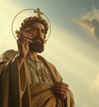 Bild eines Priesters in der Soutane, der betend eine Hand zum Himmel streckt, im Hintergrund ein Engel und der Himmel mit einem Lichtstrahl, der auf seinen Rücken fällt.