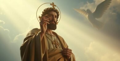 Bild eines Priesters in der Soutane, der betend eine Hand zum Himmel streckt, im Hintergrund ein Engel und der Himmel mit einem Lichtstrahl, der auf seinen Rücken fällt.