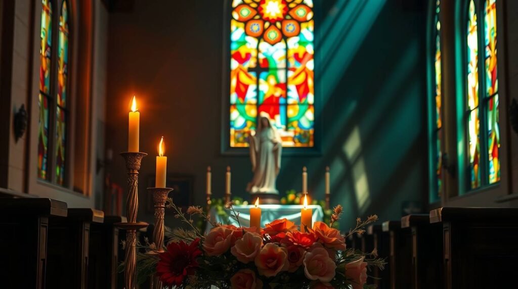 Bild des Innenraums einer Kirche mit der Statue der Jungfrau Maria auf dem Sockel mit einem farbigen Fenster darüber, im Vordergrund befindet sich ein Strauß roter Rosen