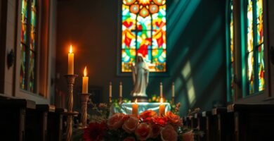 Bild des Innenraums einer Kirche mit der Statue der Jungfrau Maria auf dem Sockel mit einem farbigen Fenster darüber, im Vordergrund befindet sich ein Strauß roter Rosen