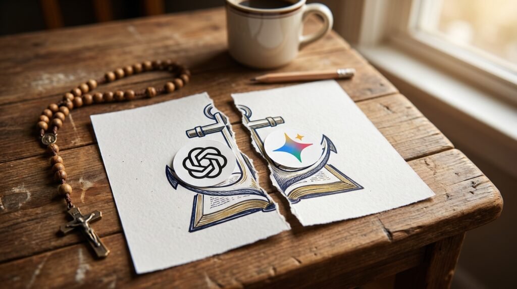 Abbildung einer in zwei Hälften gerissenen Bibel, in deren Mitte sich die Logos zweier künstlicher Intelligenzen befinden.