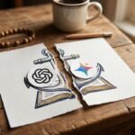 Abbildung einer in zwei Hälften gerissenen Bibel, in deren Mitte sich die Logos zweier künstlicher Intelligenzen befinden.