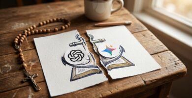 Abbildung einer in zwei Hälften gerissenen Bibel, in deren Mitte sich die Logos zweier künstlicher Intelligenzen befinden.