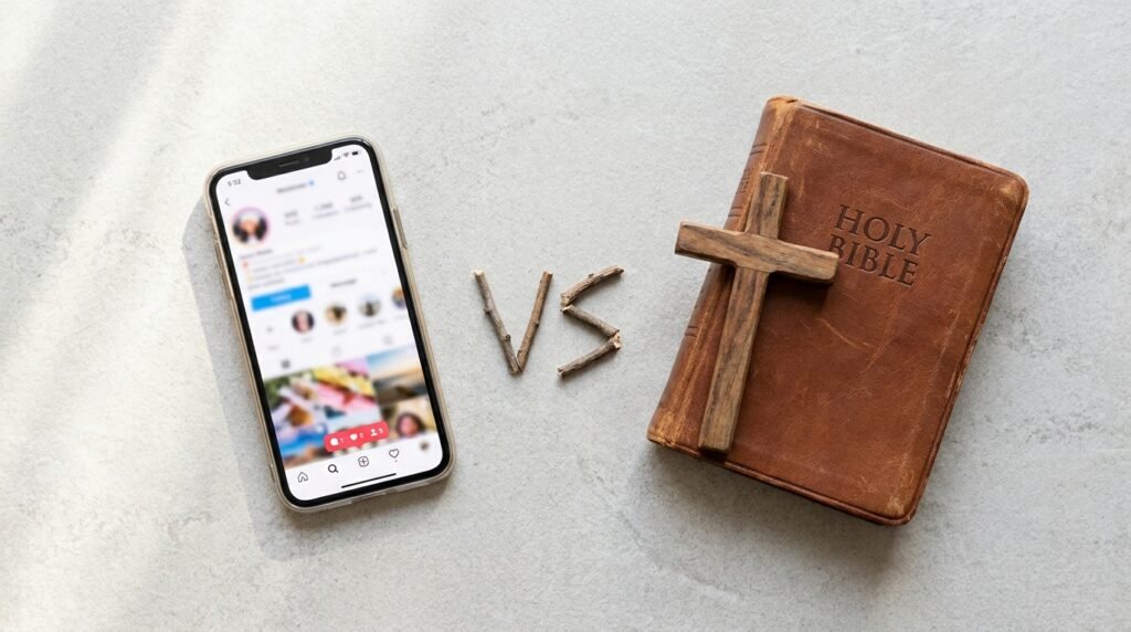 Abbildung eines Mobiltelefons mit Social-Media-App an der Seite, daneben eine Bibel und ein Kreuz.