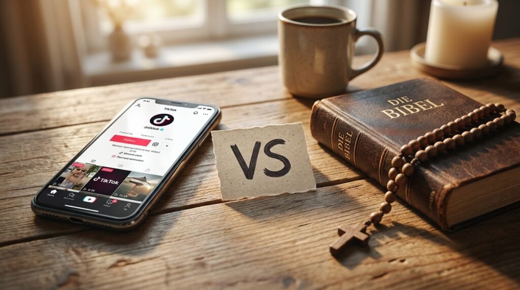 Nahaufnahme eines Tisches mit einem Mobiltelefon, auf dessen Bildschirm soziale Medien angezeigt werden, daneben eine Bibel mit einem Rosenkranz und in der Mitte ein Zettel mit dem Wort „versus“.