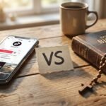 Nahaufnahme eines Tisches mit einem Mobiltelefon, auf dessen Bildschirm soziale Medien angezeigt werden, daneben eine Bibel mit einem Rosenkranz und in der Mitte ein Zettel mit dem Wort „versus“.