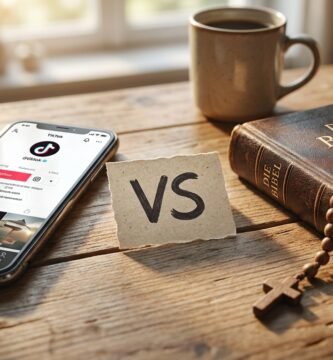 Nahaufnahme eines Tisches mit einem Mobiltelefon, auf dessen Bildschirm soziale Medien angezeigt werden, daneben eine Bibel mit einem Rosenkranz und in der Mitte ein Zettel mit dem Wort „versus“.