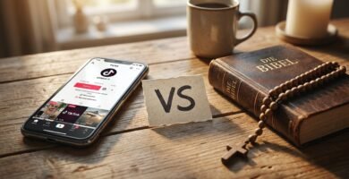 Nahaufnahme eines Tisches mit einem Mobiltelefon, auf dessen Bildschirm soziale Medien angezeigt werden, daneben eine Bibel mit einem Rosenkranz und in der Mitte ein Zettel mit dem Wort „versus“.