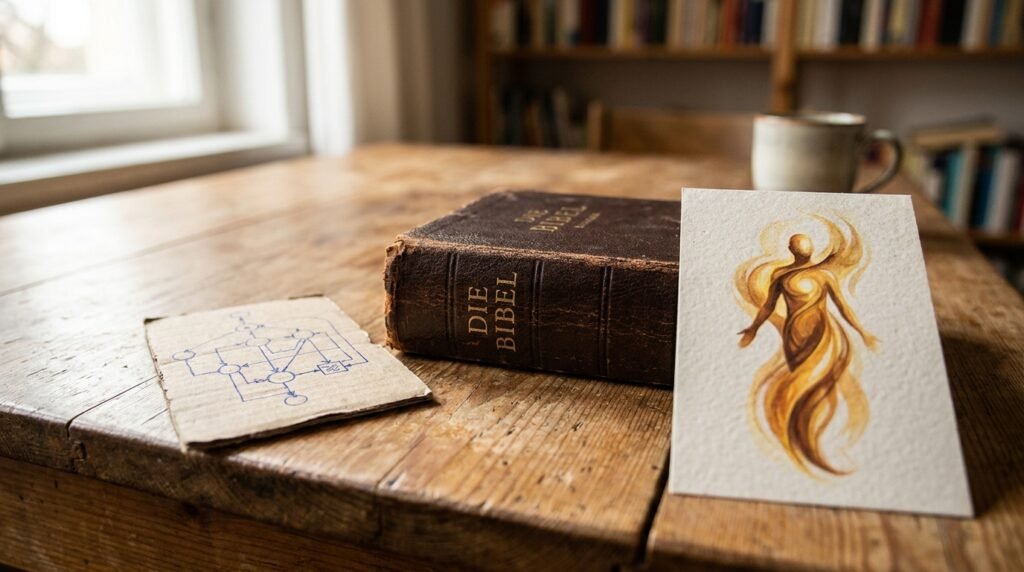 Nahaufnahme eines Tisches mit einem Bild, das künstliche Intelligenz darstellt, einem weiteren Bild an der Seite, das die menschliche Seele symbolisiert, und in der Mitte einer Bibel.