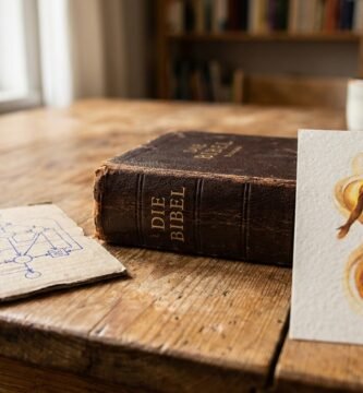 Nahaufnahme eines Tisches mit einem Bild, das künstliche Intelligenz darstellt, einem weiteren Bild an der Seite, das die menschliche Seele symbolisiert, und in der Mitte einer Bibel.