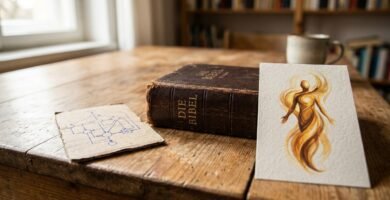 Nahaufnahme eines Tisches mit einem Bild, das künstliche Intelligenz darstellt, einem weiteren Bild an der Seite, das die menschliche Seele symbolisiert, und in der Mitte einer Bibel.
